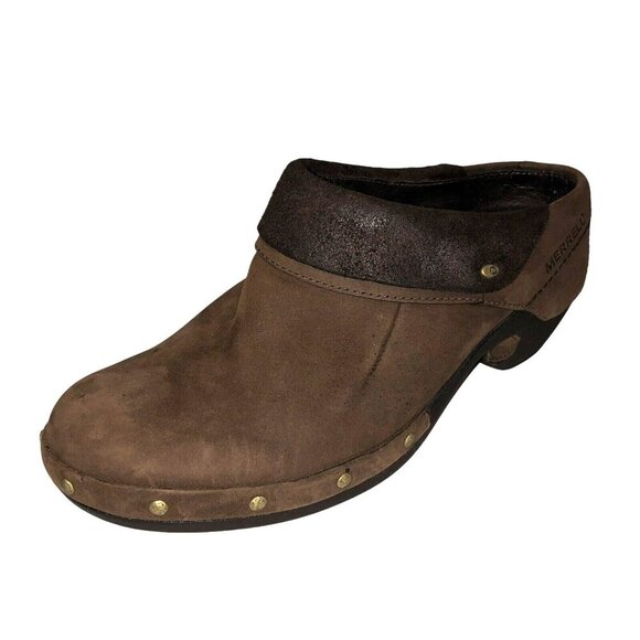 Merrell Womens 7.5 Brown Suede Luxe Wrap Bitter Chocolate Mules Clogs Shoe - Picture 1 of 12